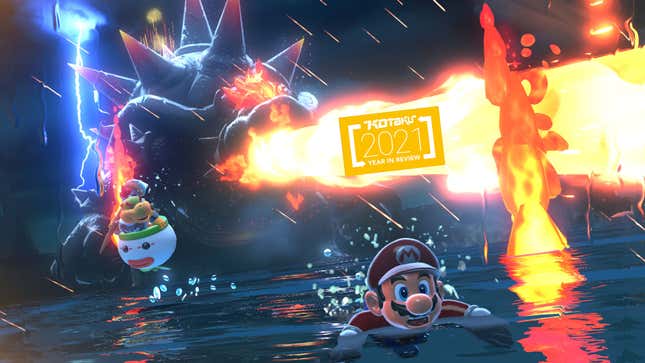 Mario swims away from big Bowser in Bowser's Fury.