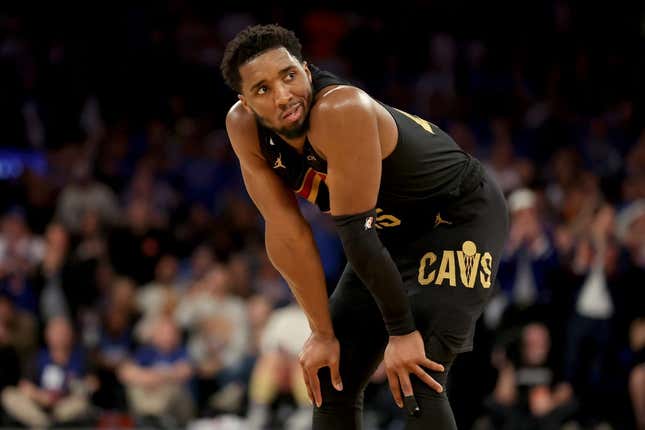 Apr 21, 2023; New York, New York, USA; Cleveland Cavaliers guard Donovan Mitchell (45) reacts during the fourth quarter of game three of the 2023 NBA playoffs against the New York Knicks at Madison Square Garden.
