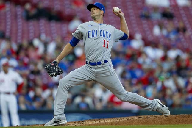 Apr 3, 2023; Cincinnati, Ohio, USA; Chicago Cubs starting pitcher Drew Smyly (11) pitches against the Cincinnati Reds in the first inning at Great American Ball Park.