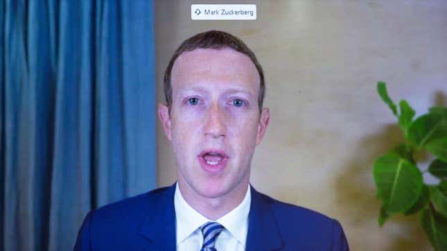 Facebook CEO Mark Zuckerberg remotely testifying before the Senate Commerce, Science, and Transportation Committee hearing on Section 230 in October 2020 on Capitol Hill.