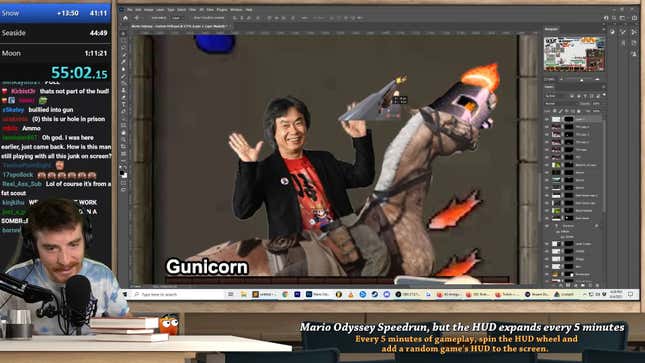 A Photoshop image DougDoug created of Shigeru Miyamoto riding a horse from Red Dead Redemption 2 with a gun from Duke Nukem mounted on its head.