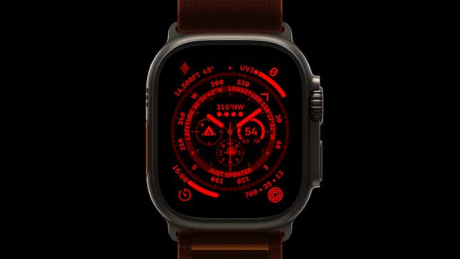 The Apple Watch Ultra's night mode to help preserve night vision in the dark.