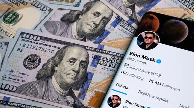 Stock image of Elon Musk twitter page next to money