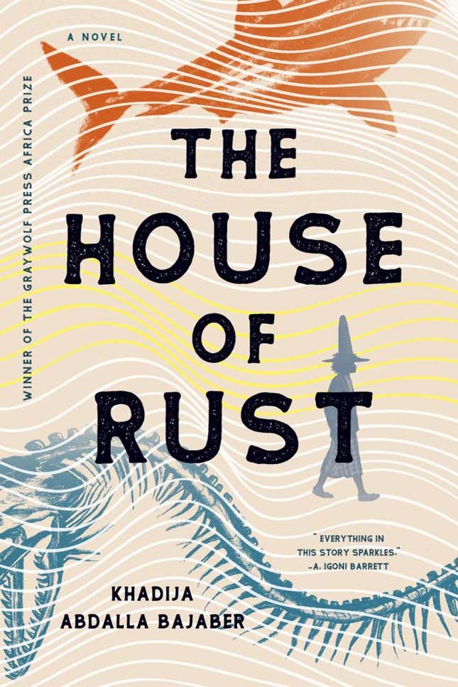The book jacket for 'House of Rust' by Khadija Bajaber features an abstract image of a fossil skeleton, a fish, and a character walking.