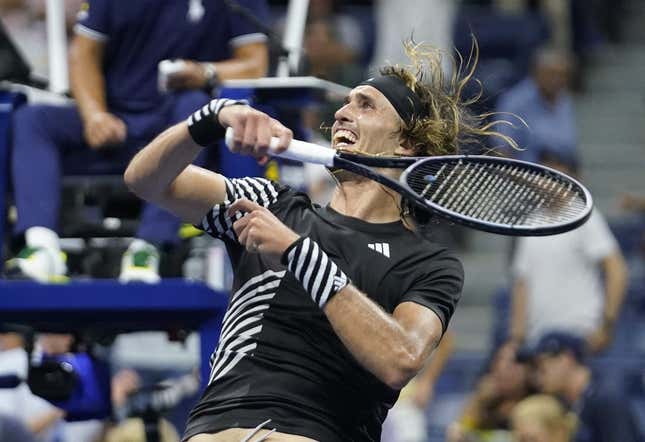 Sep 4, 2023; Flushing, NY, USA; Alexander Zverev of Germany hits a ball into the crowd after defeating Jannik Sinner of Italy on day eight of the 2023 U.S. Open tennis tournament at USTA Billie Jean King National Tennis Center.