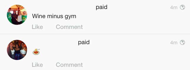 Venmo’s public feed. (Names removed.)