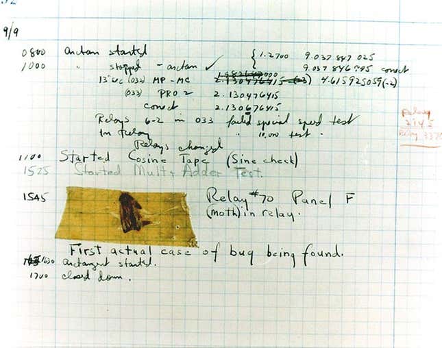 “First actual case of bug being found,” a moth trapped in a relay switch of Harvard’s Mark II computer.