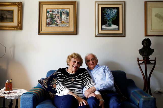 Aviva Ephrati, an 84-year-old retired kindergarten teacher, with her husband Israel, an 87-year-old retired supervisor at a higher educational institution, in Kfar Saba, north of Tel Aviv.