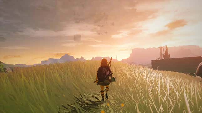 Link walks forward while the sun sets in Tears of the Kingdom.