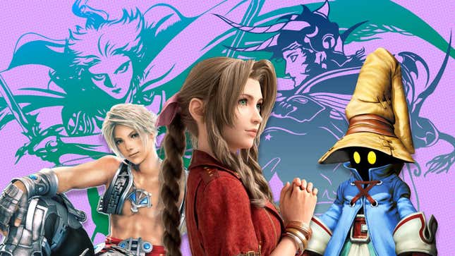 Vaan, Aerith, and Vivi are seen against a backdrop of Final Fantasy artwork.