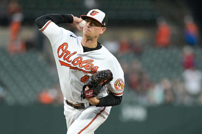 Apr 22, 2023; Baltimore, Maryland, USA;  Baltimore Orioles starting pitcher Kyle Gibson (48) throws a first inning pitch against the Detroit Tigers at Oriole Park at Camden Yards.