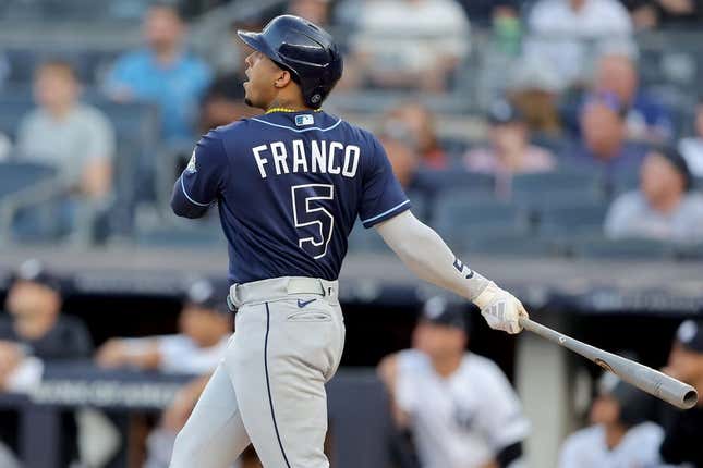 Aug 2, 2023; Bronx, New York, USA; Tampa Bay Rays shortstop Wander Franco (5) follows through on a two run home run against the New York Yankees during the first inning at Yankee Stadium.
