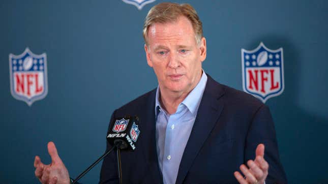 NFL Commissioner Roger Goodell addresses the media at the NFL Owners Meetings at the Omni Hotel, Tuesday, May 23, 2023, in Eagan, Minn. 