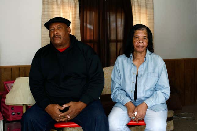 Antone Black, left, and his wife, Jennell, parents of Anton Black, 19, who died after a struggle with three officers and a civilian outside the home in September 2018, pose for a photograph in their home, Jan. 28, 2019, in Greensboro, Md. A federal judge on Tuesday, Jan. 19, 2022, has refused to throw out a lawsuit’s claims that police on Maryland’s Eastern Shore used excessive force on Anton Black, a 19-year-old Black man who died in 2018 during a struggle with officers who handcuffed him and shackled his legs.