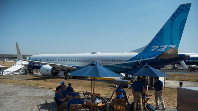 A Boeing 737 MAX on display at the 2022 Farnborough International Airshow