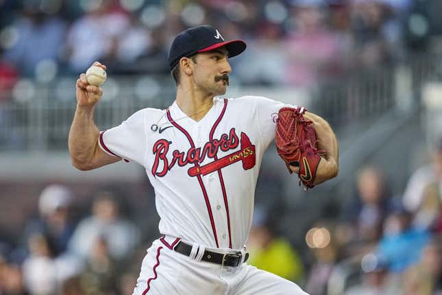 Apr 24, 2023; Cumberland, Georgia, USA; Atlanta Braves starting pitcher Spencer Strider (99) pitches against the Miami Marlins during the first inning at Truist Park.