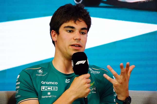 May 4, 2023; Miami Gardens, Florida, USA;  Aston Martin driver Lance Stroll (18) of Canada talks with the media during a breakout media session at Miami International Autodrome.