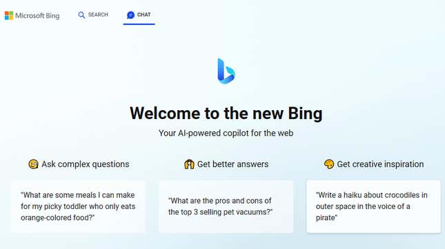 Screenshot of Bing interface