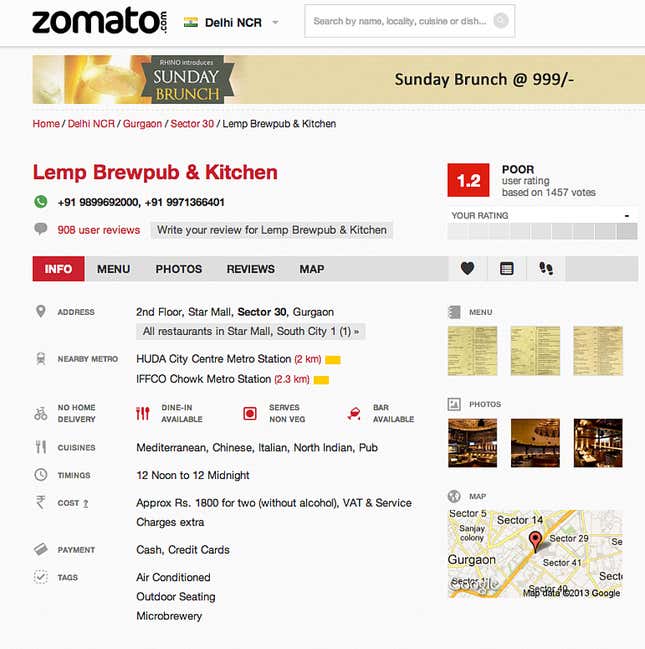 This screen shot shows weak ratings for Lemp on the restaurant app Zomato.