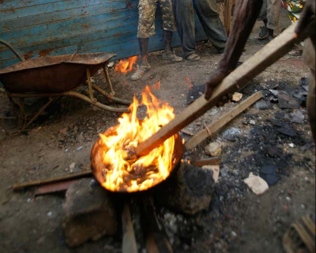 Smelting lead from spent car batteries is done over open-fire furnaces around the world. This image, from 2008, was taken in Dakar, Senegal.