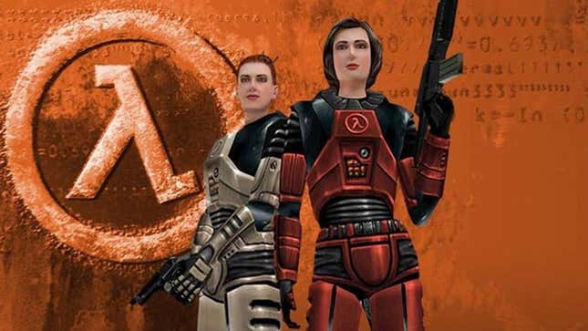 The two main characters from Half-Life Decay standing in front of the Half-Life logo. 