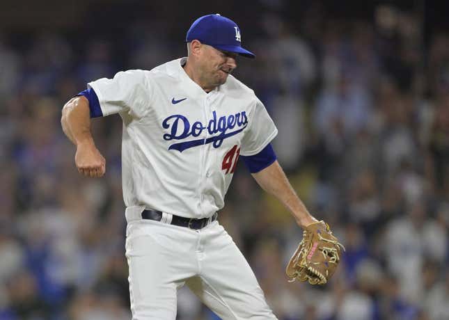 Jul 5, 2023; Los Angeles, California, USA; Los Angeles Dodgers relief pitcher Daniel Hudson (41) reacts after earning his first save of the season in the ninth inning against the Pittsburgh Pirates at Dodger Stadium.