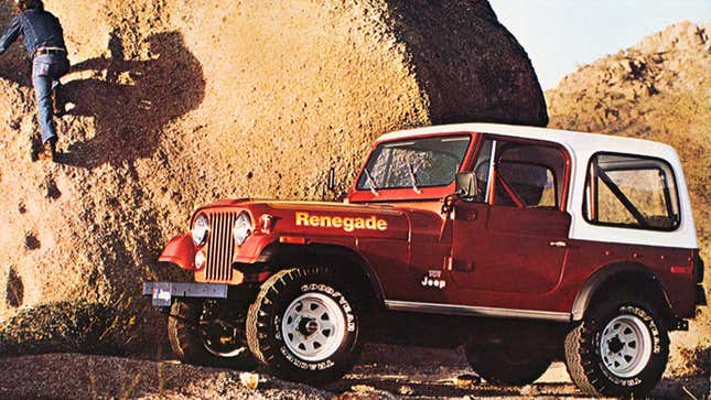 A photo of a vintage red jeep near the cliffs. 