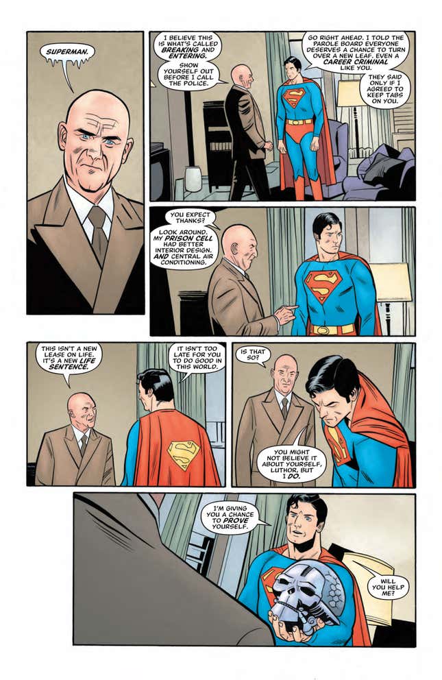 Lex Luthor being intrigued as Superman invites him to figure out who or what Brainiac is.