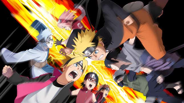 Principala cheie pentru Naruto către Boruto: Shinobi Striker, înfățișând o varietate de personaje din serie de la Naruto și Sasuke la Boruto și Sarada