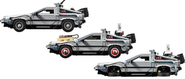 Imagen para el artículo titulado El nuevo DeLorean de Back to the Future de Lego te permite construir versiones de las tres películas
