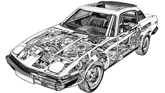 A diagram showing all the essential components of a Triumph TR7. 