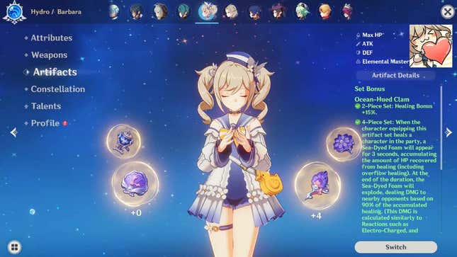 A screenshot of Barbara in her artifacts menu.