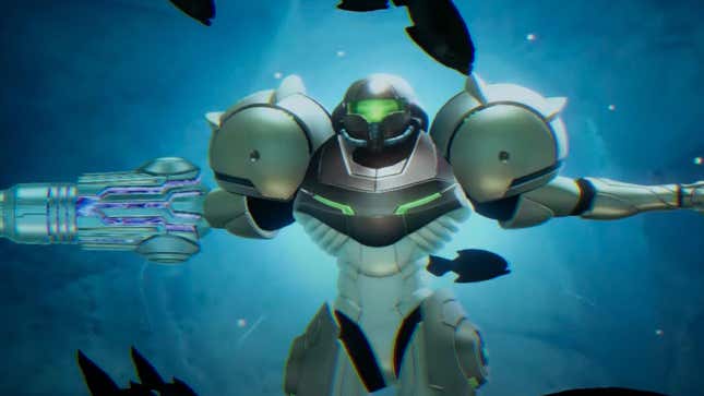 Samus acquires the Gravity Suit in Metroid Prime Remastered.