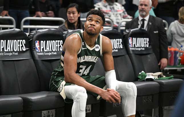 Apr 26, 2023; Milwaukee, Wisconsin, USA; Milwaukee Bucks forward Giannis Antetokounmpo (34) sits on the bench after a 128-126 loss to the Miami Heat during game five of the 2023 NBA Playoffs at Fiserv Forum.