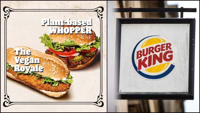 On left: Vegetarian Butcher Vegan Royale and Plant-based Whopper at Burger King; on right: Burger King sign