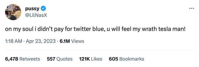 A screenshot of a tweet from Lil Nas X saying he didn't pay for a blue checkmark.