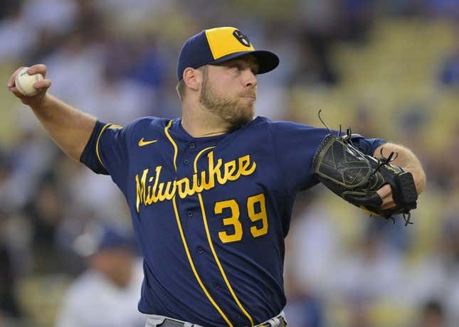 Aug 17, 2023; Los Angeles, California, USA;  Milwaukee Brewers starting pitcher Corbin Burnes (39) throws to the plate in the first inning against the Los Angeles Dodgers at Dodger Stadium.