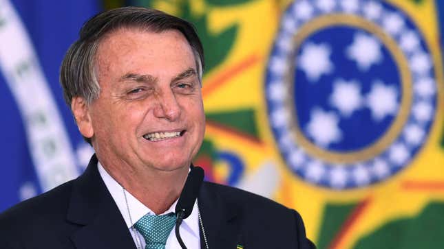 Brazilian President Jair Bolsonaro speaking at the Planalto Palace in Brasilia following the announcement Brazil's Olympic team will be sponsored by the Caixa Economica Federal state bank on June 1, 2021.