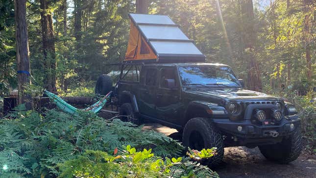 A photo of a GFC Camper with a hammock mounted at the rear. 
