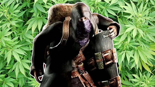 The Merchant from Resident Evil 4 in front of a background of pot leaves. 