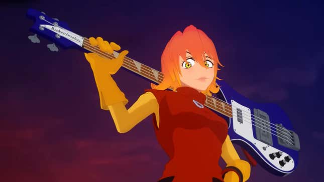 A FLCL: Grunge image shows Haruko wielding a guitar. 
