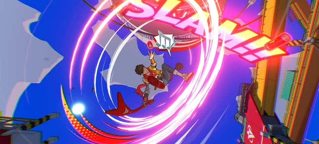 Chai is seen swinging his guitar around in a circle while jumping in the air.