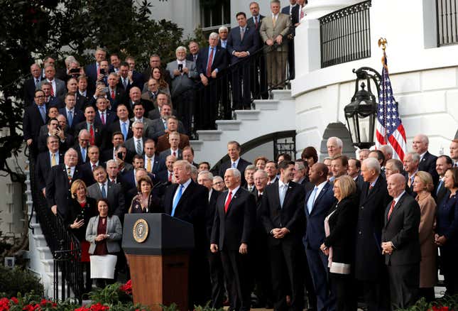 Republicans celebrate with Trump on the South Lawn of the White House on Dec. 20.