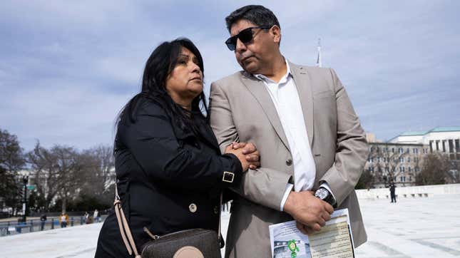 Beatrice Gonzalez and Jose Hernandez, the mother and stepfather of Nohemi Gonzalez, who was killed during a 2015 terrorist attack in Paris, look on during a media availability outside the U.S. Supreme Court after oral arguments in Twitter v. Taamneh Feb. 22, 2023