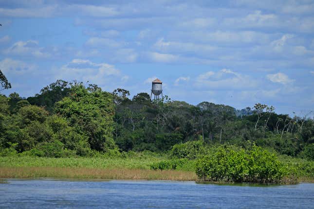  A general view of the Fordlandia water tower from the Rio Tapajos on July 5, 2017 in Aveiro, Brazil
