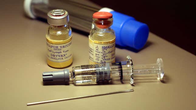 Vials of smallpox vaccine sit on a counter before a vaccination December 16, 2002 at Mid-Florida Biologicals in Altamonte Springs, Florida