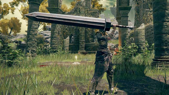 A fantasy warrior holding up a massive greatsword.