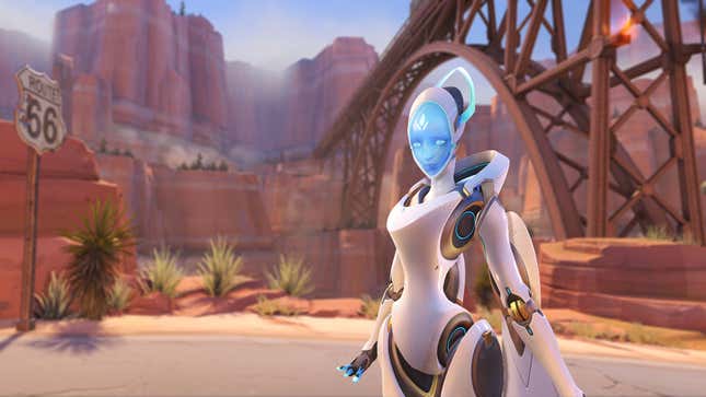 An Overwatch hero stands on Route 66.