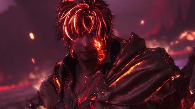 A Final Fantasy XVI screenshot shows Clive Rosfield transform into a fiery-looking dude. 