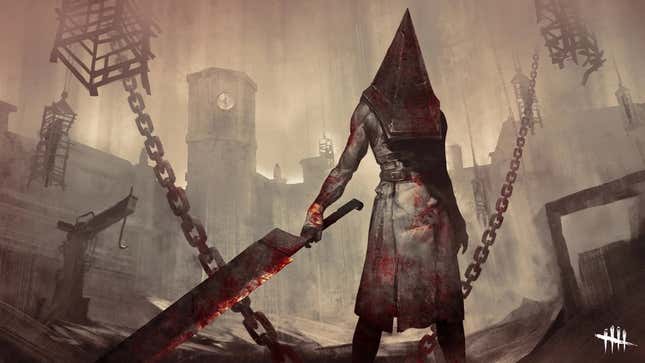A Pyramid Head appears in one of its many licensed forms in Death By Daylight. 